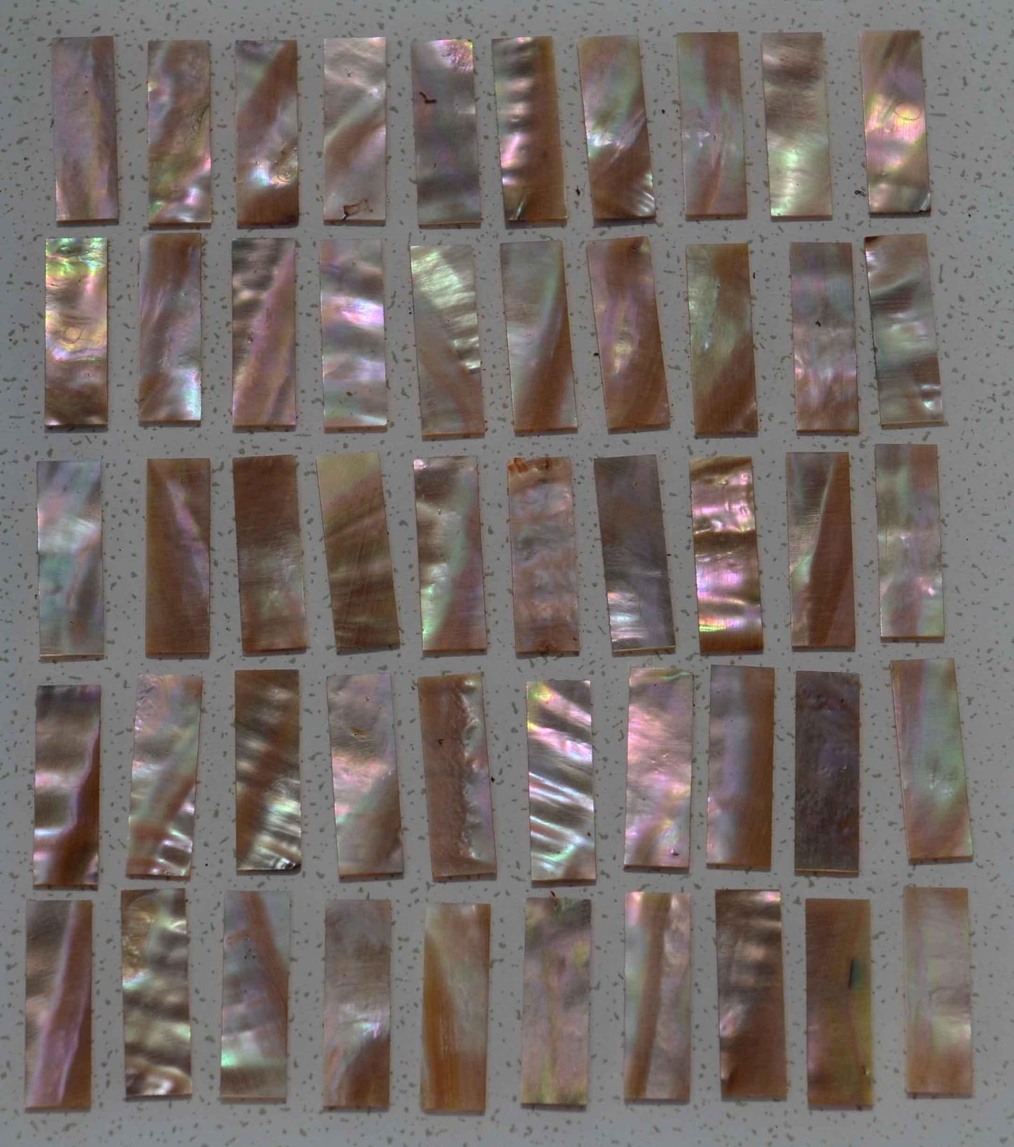 Awabi flat inlay blanks 8.5x30x1mm A grade - good on both sides, also used as Awabi (Goldfish) bow slides for cello and violin.