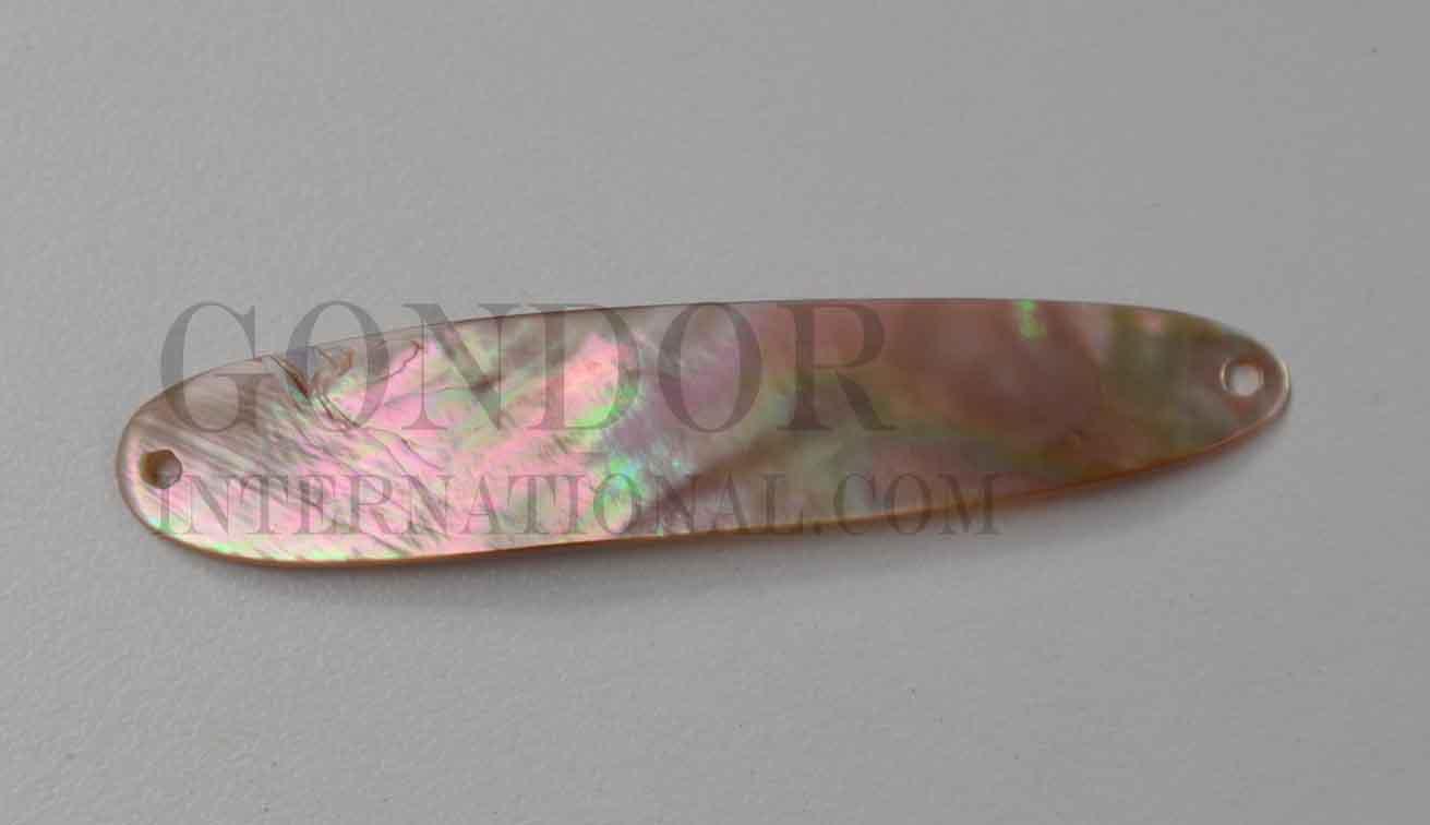 Brownlip Mother of Pearl fishing lures (fishing spoons) no hole size 16mm (0.63") wide x 85mm (3.35") long specially cut and polished solid shell pcs. Made to specific bent shape with holes to to fit swivels.