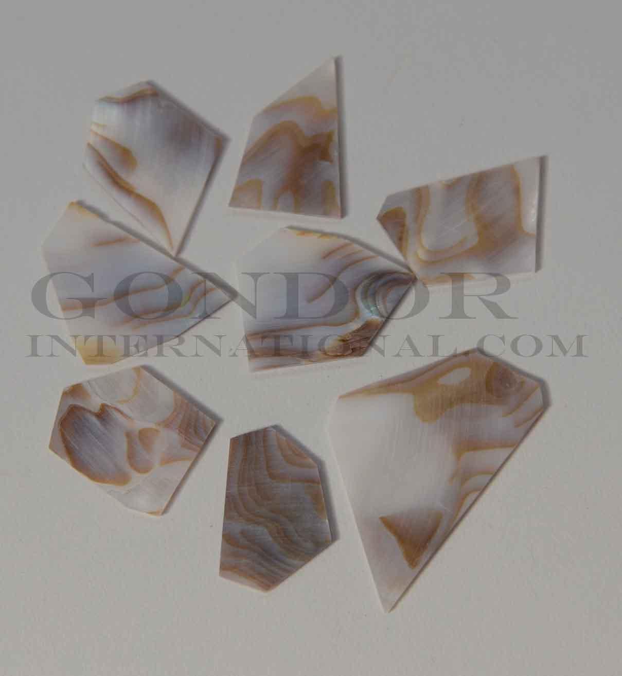 Brown mussel flat inlay blanks mix size 1.3mm (0.05") thickness irregular shape A grade. Sold by oz - approx. 7 - 10pcs per oz size approx. 15-25mm x 20-40mm