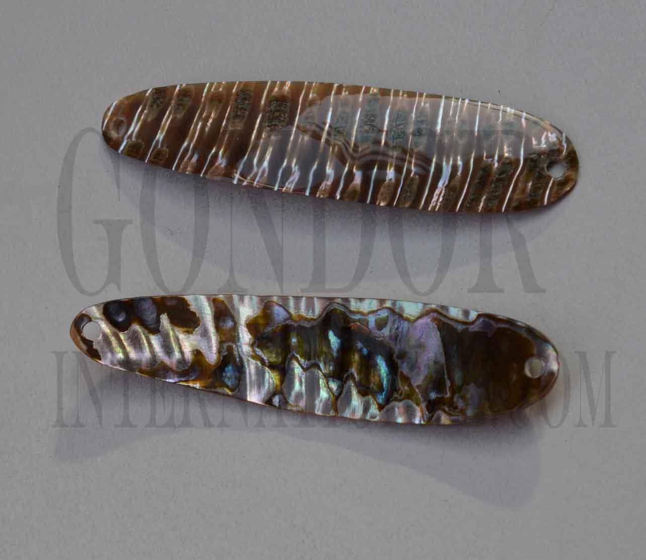 <p>Green abalone shell fishing lures (fishing spoons) are specially cut and polished solid shell pcs. Size 20mm (0.79") width x 85-90mm (3.35- 3.54") length Made to specific bent shape with holes to to fit swivels. Made using A grade shell.</p>