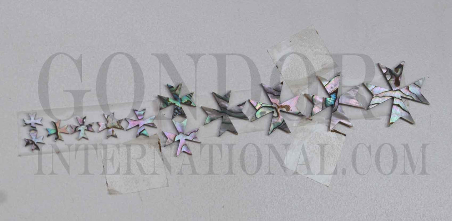 A set of 12pcs Green abalone Maltese cross inlays. Suitable for fingerboard inlays. Shell thickness 1.5mm. Flat and ready to be installed.