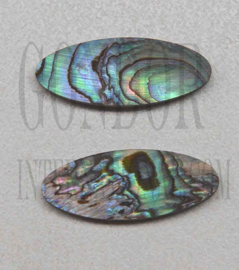 <p>Paua abalone (New Zealand Paua abalone) polished ovals size 10.3mm (0.4") width x 36.2mm (1.43") length x 1.7mm (0.067") thickness. Some uses include fretboard markers, musical instrument inlay, furniture inlay, marquetry, pool cue inlay and other general decorative inlay and jewellery applications. All pcs are A grade.</p>
