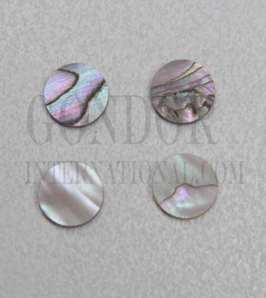 Red abalone dots 8mm diameter x 1.3mm thickness - round flat shell pcs cut to precise diameter and thickness. Ideal for use in inlay applications - for fretboard markers, bow frogs and general inlay or jewellery decorations. All dots are A grade good on both sides.