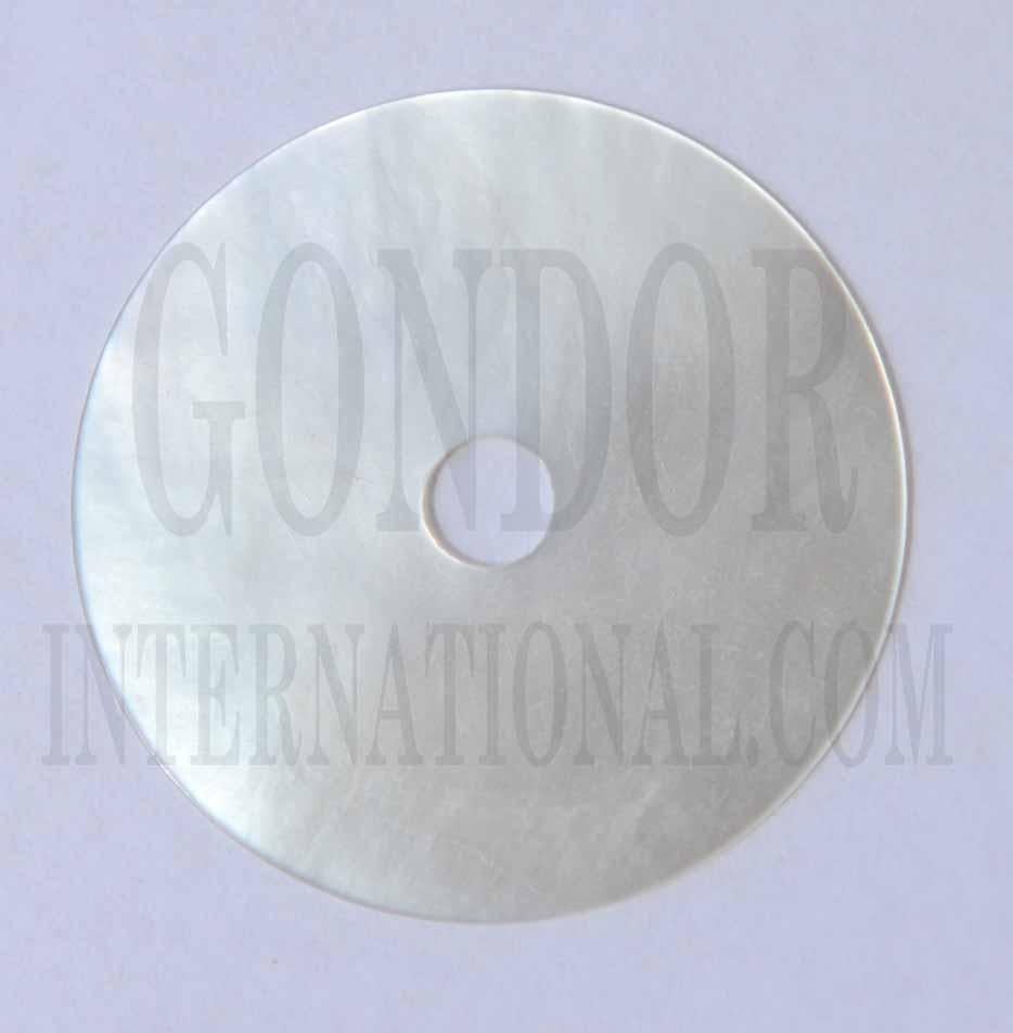 <p>White Mother of Pearl polished discs with center hole 33mm (1.3") diameter x 0.3mm (0.012") thickness center hole 5mm - round flat shell pcs cut to precise diameter and thickness. Ideal for watch dials and jewellery decorations. All discs are A grade good on both sides. </p>