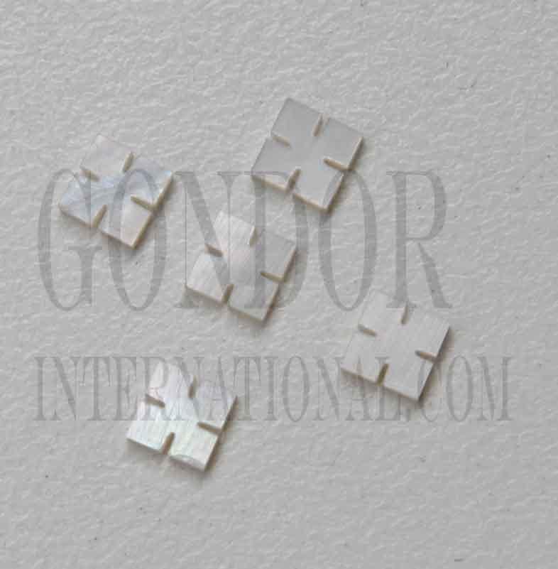 White Mother of Pearl notched (slotted) squares size 5.5mm (0.217") x 1.5mm (0.06") thickness. Some uses include fretboard markers, musical instrument inlay, furniture inlay and other general decorative inlay and jewellery applications. All pcs are A grade.