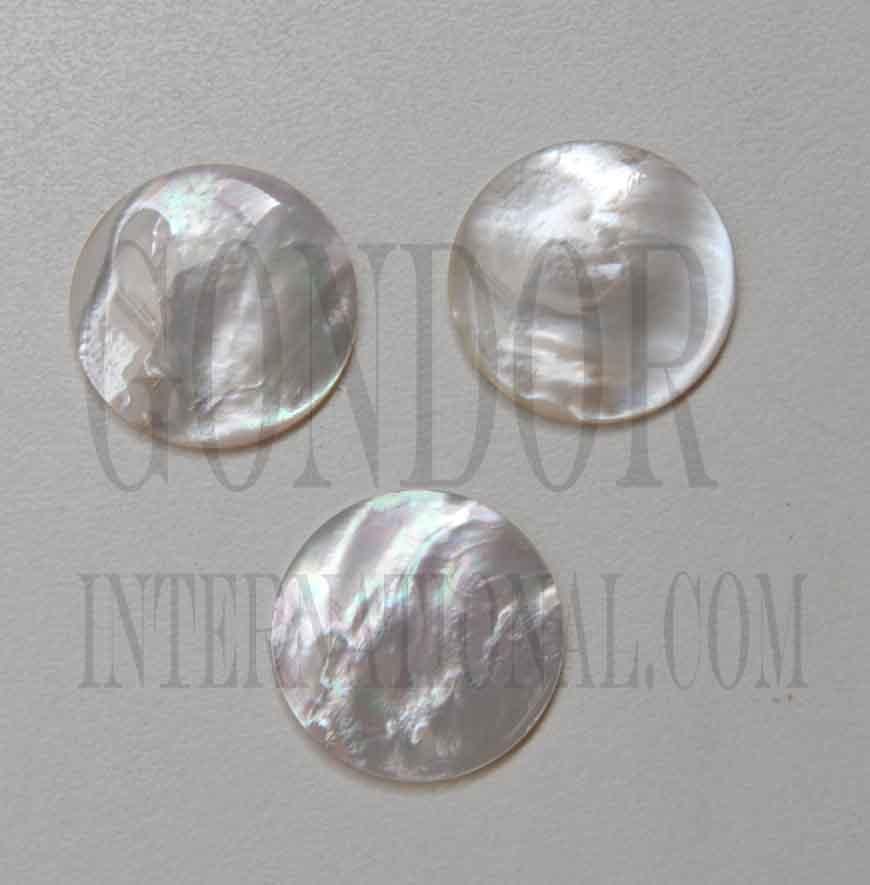 <p>White Mother of Pearl polished finger button inlays 14.5mm (0.57") diameter 2mm (0.079") thickness polished on 1 side round flat pcs Ideal for use in brasswind or woodwind instruments as well as accordions and general inlay or jewellery decorations. All pcs are A grade. </p>