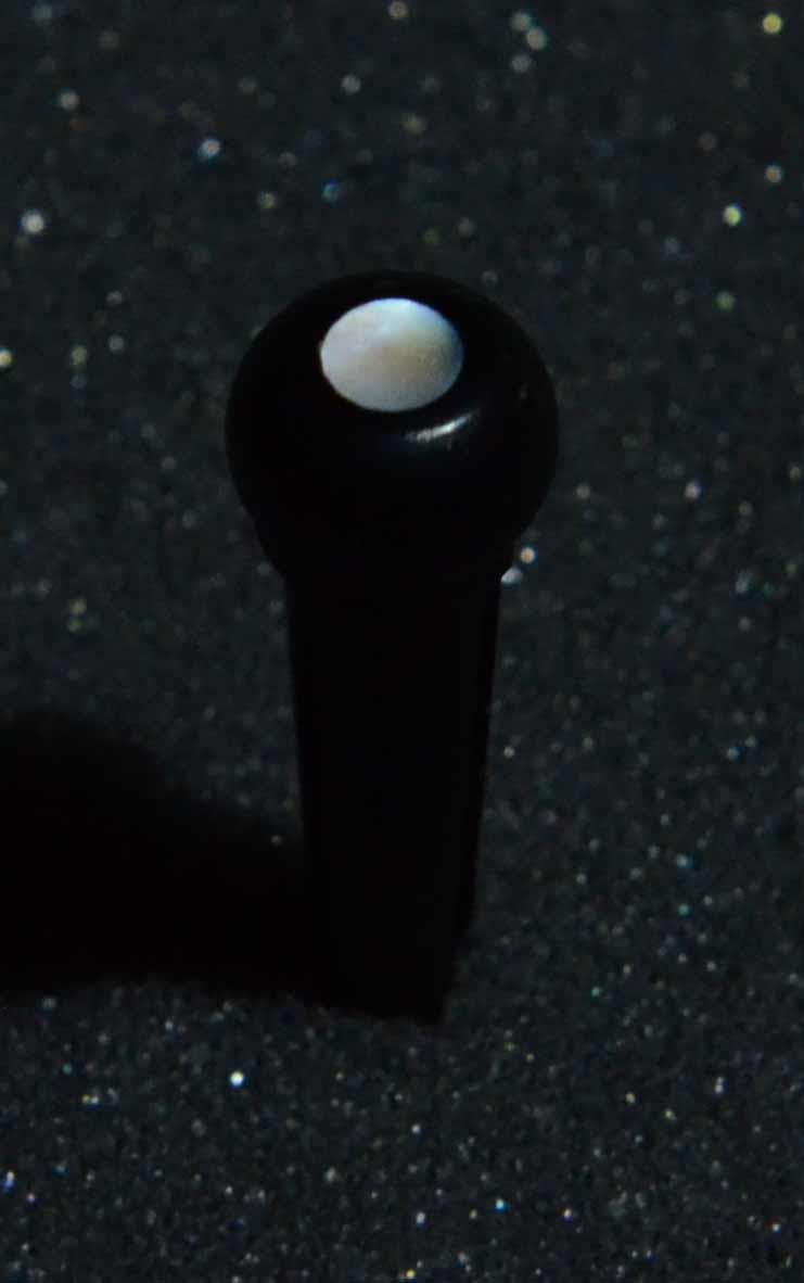 1 set (6pcs) Guitar bridge pins size 1 Ebony with white mother of pearl dot Tapered shaft string slot running the full length of shaft. Diameter at top of shaft 5.3mm (0.21") length of shaft 22.9mm (0.9") . Will fit the following models - Martin guitars prior to 1994 (except HD-28), Collings guitars, prior to 2002, Blanchard, Garrison, Goodall, Ryan, Santa Cruz, Taylor, Larrivee D-03R and others.