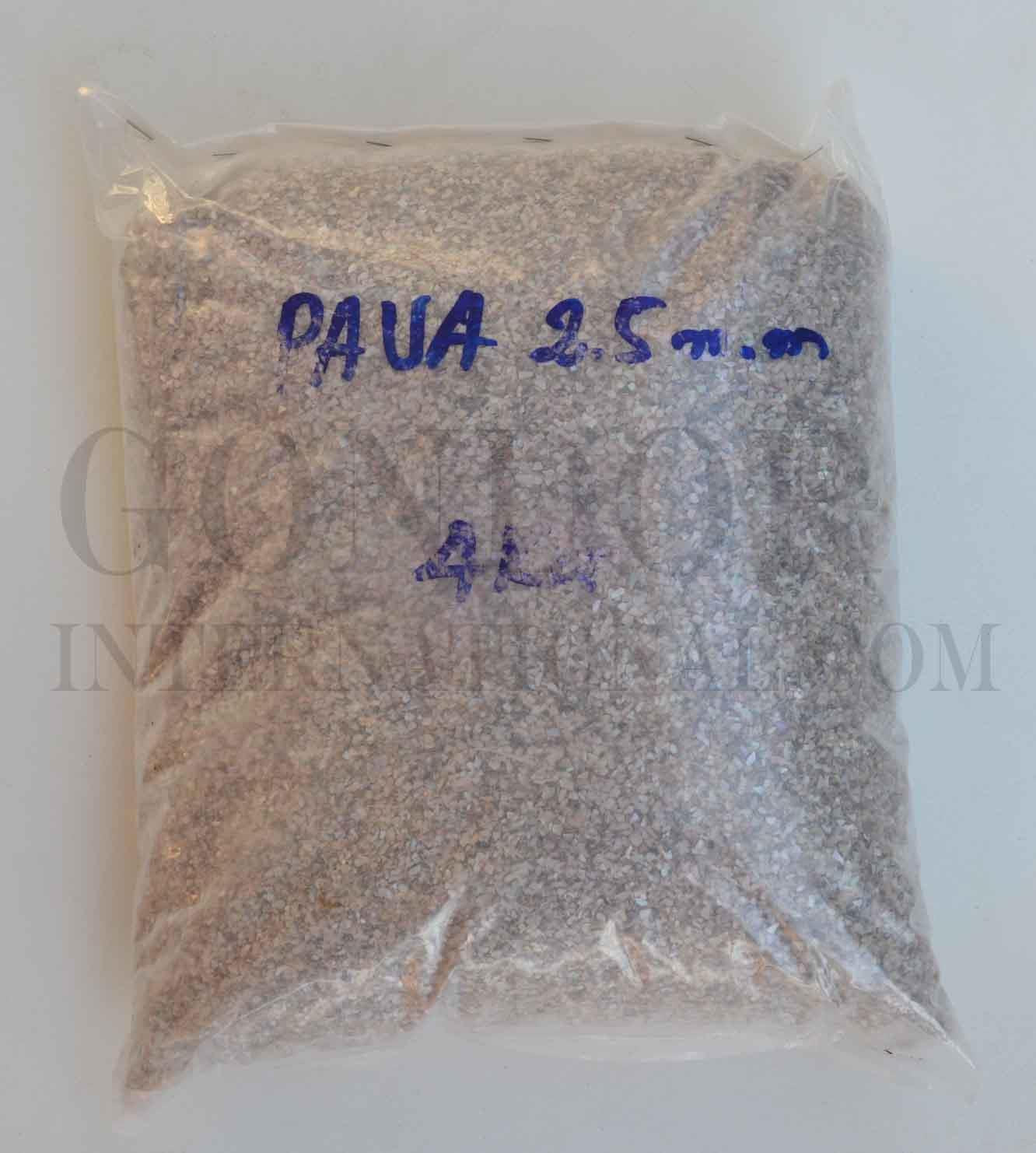 Paua shell, New Zealand abalone random chips (aggregate) size # 0 2-4mm (1/16-1/8") suitable for terrazzo applications as well as other decorative uses.