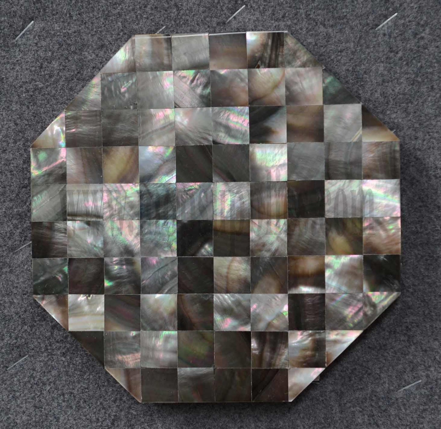 Black Mother of Pearl octagonal tile on ceramic tile backing size 150 x 150mm individual pcs 15 x 15mm solid shell polished pcs.