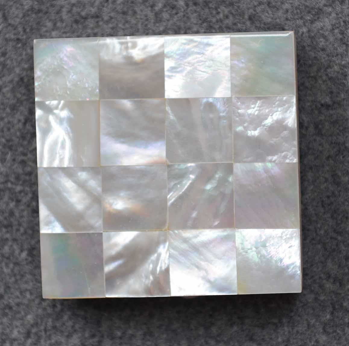 White Mother of Pearl tile on ceramic tile backing size 60 x 60mm individual pcs 15 x 15mm solid shell polished pcs.