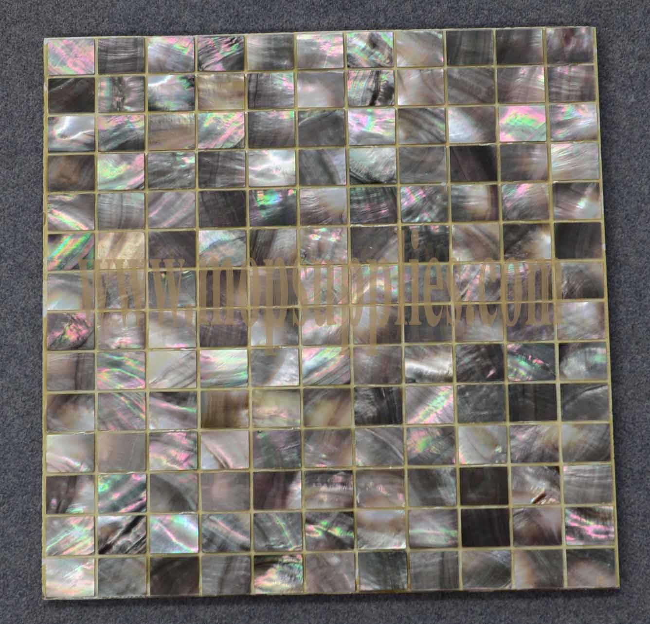 Black Mother of Pearl tile on ceramic tile backing size 300 x 300mm individual pcs 20 x 25mm solid shell polished pcs.
