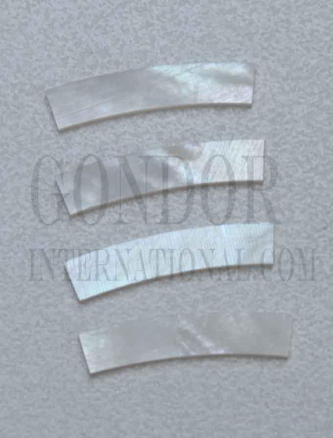 <p>White Mother of Pearl solid shell curved strips 4.76mm (3/16") width x 24mm (0.945") length x 1.3mm (0.05") thickness x 110mm (4.33") inside diameter. A grade quality good on both sides, flat and uniform in thickness and width. Ideal for use in rosettes and purfling on musical instruments - Ukuleles, guitars, mandolins etc. as well as in furniture, jewellery and other decorative applications.</p>