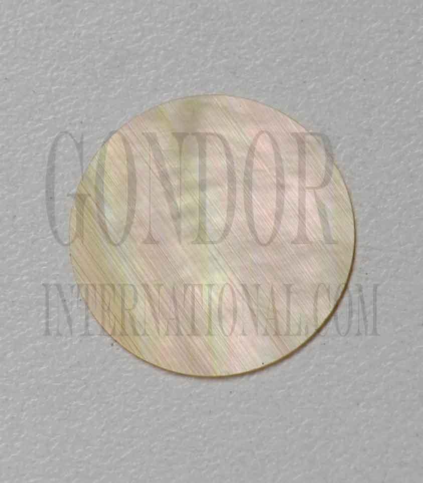 Gold MOP polished discs 40.5mm (1.594") diameter 0.3mm (0.0118") thickness - flat shell pcs cut to precise diameter and thickness. Ideal for use in inlay applications - for watch dials and general inlay or jewellery decorations. All pcs are A grade.