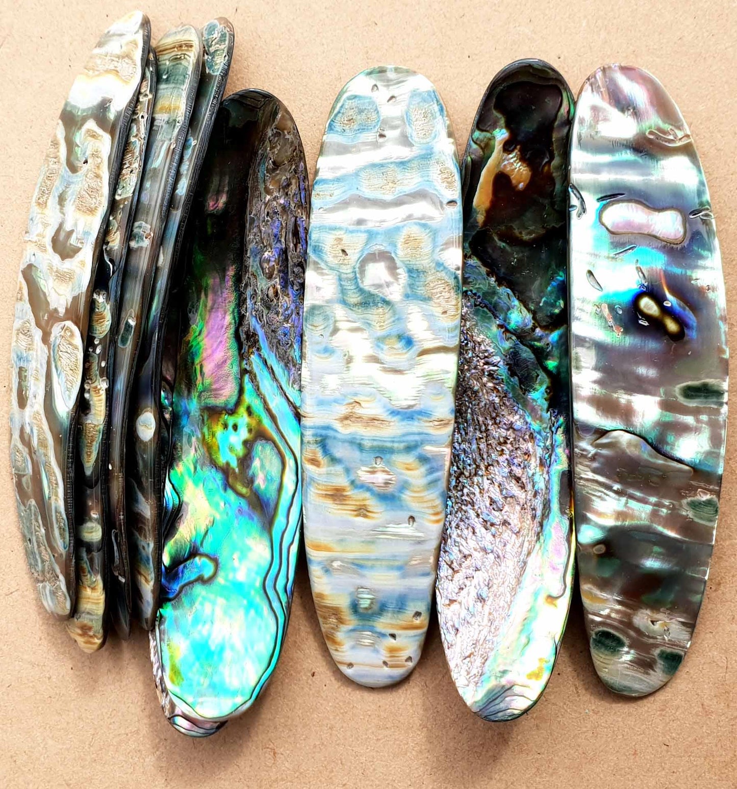 <p>Paua fishing lures (fishing spoons) with whole are specially cut and polished solid shell pcs. Size 19-20 x 85-90 x 1.5-2mm Made to specific bent shape with holes to to fit swivels.</p>