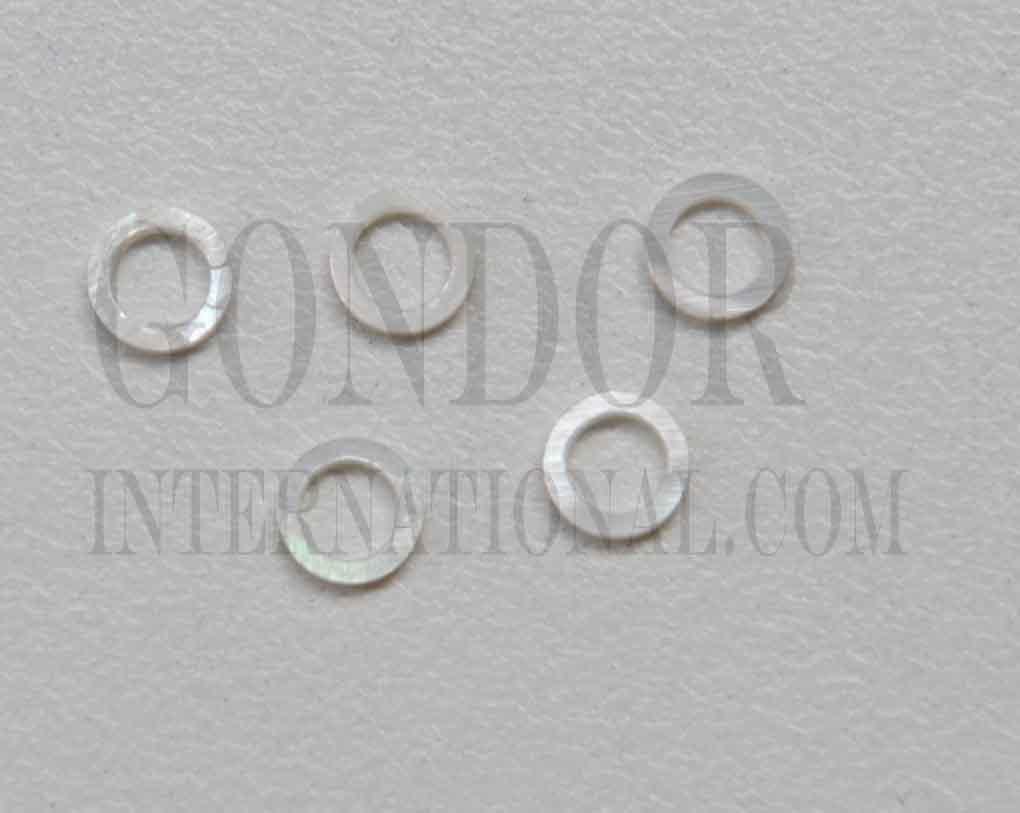 <p>White Mother of Pearl rings size 6mm (0.236") diameter x 1.5mm (0.05") thickness 4.05mm (0.159") hole. Some uses include fretboard markers, musical instrument inlay, furniture inlay and other general decorative inlay and jewellery applications. All pcs are A grade..</p>