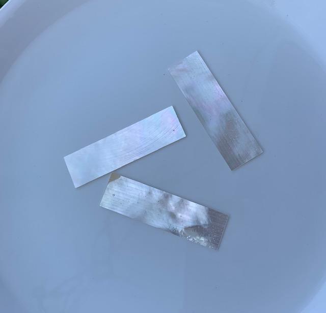 <p>White Mother of Pearl flat inlay blanks size 25.4mm (10.3") width x 63.5mm (2.59") length x 2mm (0.08") thickness B grade clean on both sides may have some internal cracks.</p>