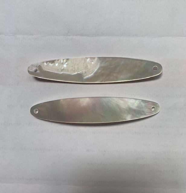 <p>White Mother of Pearl fishing lures (fishing spoons) size 16mm wide x 80mm long specially cut and polished solid shell pcs. Made to specific bent shape no holes.</p>