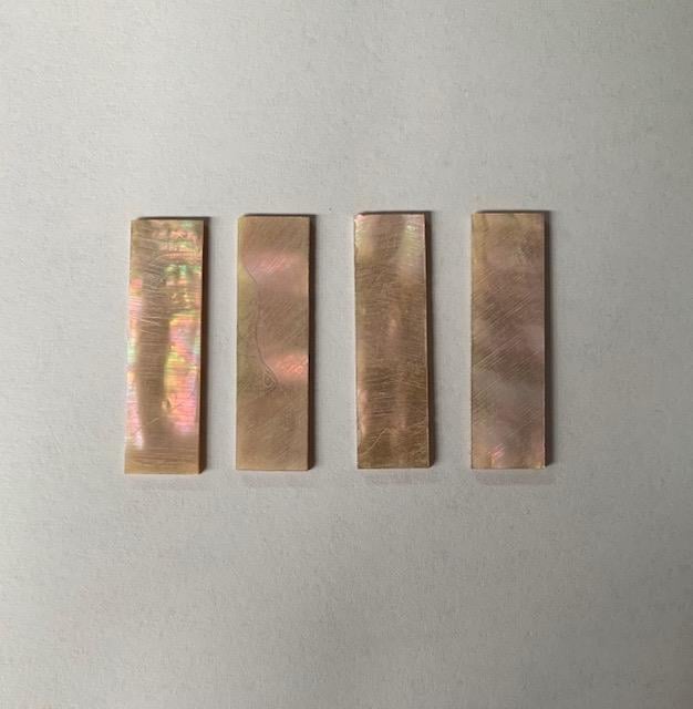 Awabi flat inlay blanks 8.5x30x1mm standard grade, also used as Awabi (Goldfish) bow slides 8.5x30x1mm standard grade for violin and viola.