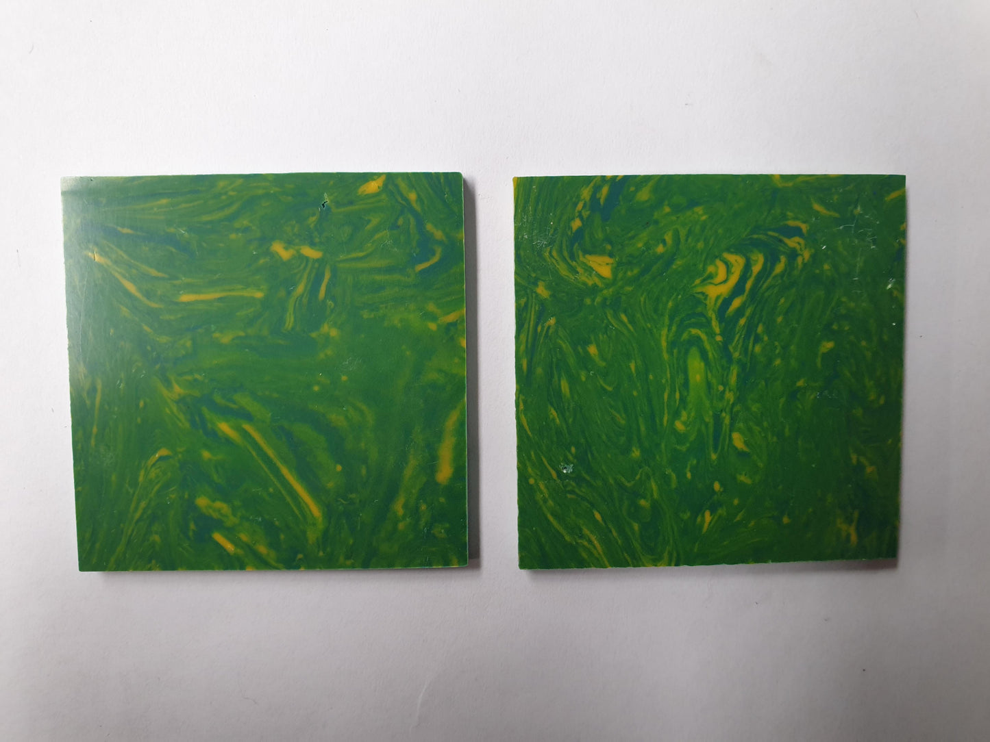 <p>Green Lime reconstituted stone blanks polished 1 side 50 x 50 x 3mm suitable for inlay. Can be cut with standard cutting tools - jewellery saw similar in characteristics to mother of pearl hardness approx. 3. Can be sanded and polished same way as shell material. All pcs are A grade good on both sides.</p>