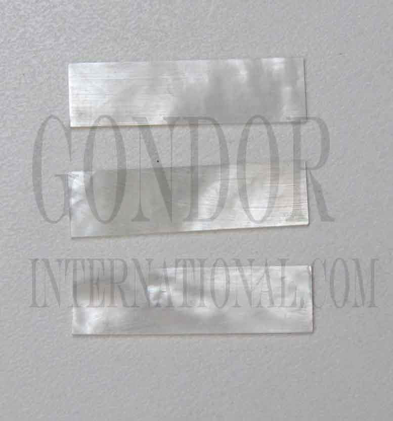 <p>White Mother of Pearl flat inlay blanks size 6.35mm width x 33mm length x 1mm (0.04") thickness polished 1 side A grade good on both sides.</p>