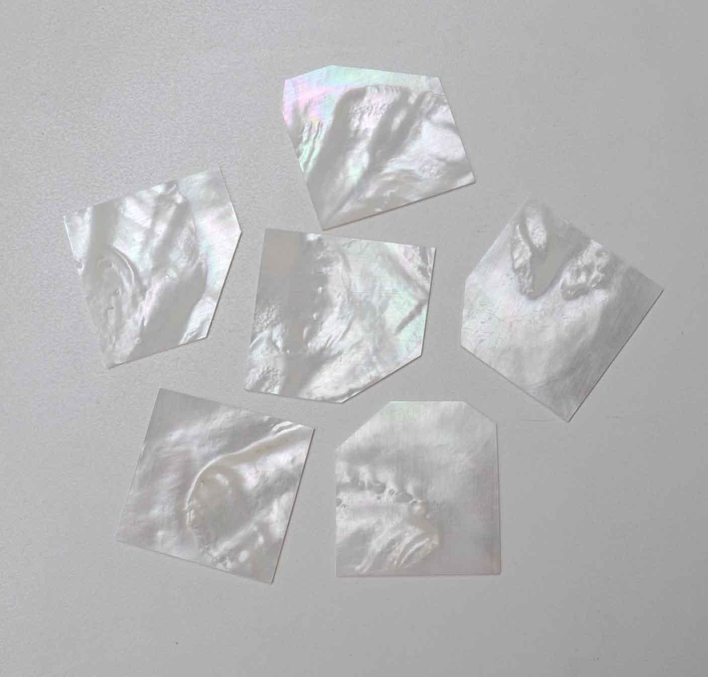 <p>White Mother of Pearl flat inlay blanks large size 30 - 50mm (1.18 - 2") width x 40 - 60mm (1.57 - 2.36") length x 3mm (0.118") thickness A grade good on both sides.</p>