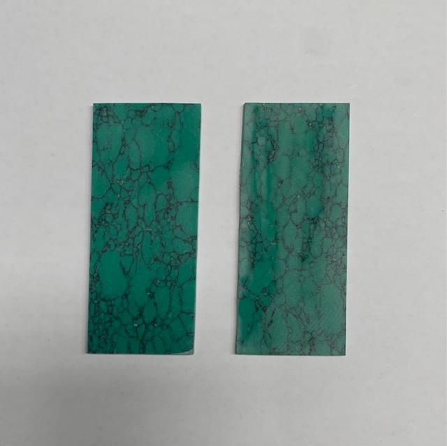 Turquoise Green M114 artificial stone blanks 30 x 70 x 2.2mm suitable for inlay. Can be cut with standard cutting tools - jewellery saw similar in characteristics to mother of pearl (hardness approx. 3. Can be sanded and polished same way as shell material. All pcs are A grade good on both sides.