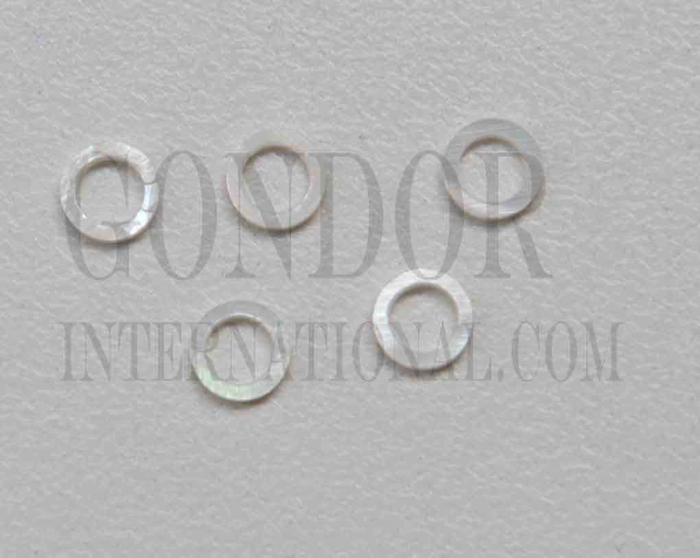 <p>White Mother of Pearl rings size 12mm diameter x 1.3mm (0.05") thickness 5mm hole. Some uses include fretboard markers, musical instrument inlay, furniture inlay and other general decorative inlay and jewellery applications. All pcs are A grade.</p>
