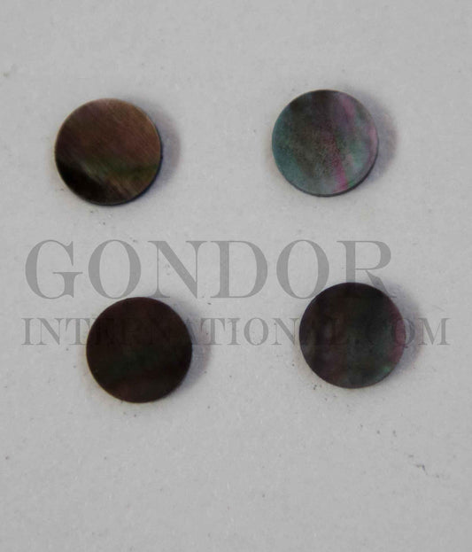 Black Mother of Pearl shell dots 11mm diameter 1.3mm thickness are round flat shell pcs cut to precise diameter and thickness. Ideal for use in inlay applications - for fretboard markers and general inlay or jewellery decorations. All pcs are A grade.