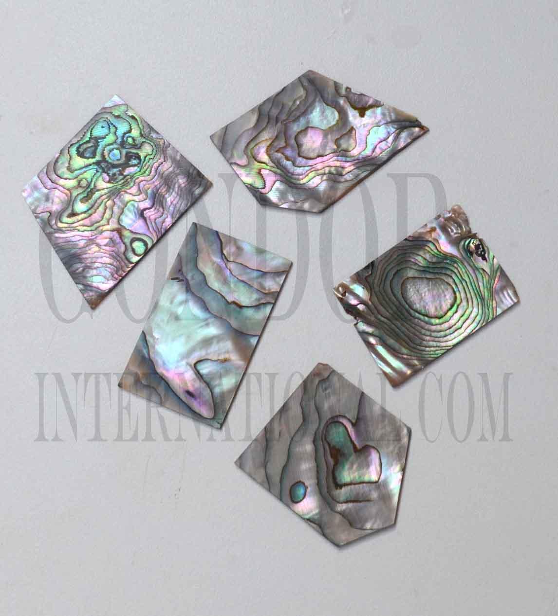 <p>Green abalone (Mexican green abalone) flat inlay blanks select pcs irregular shape, mix size 20 - 30mm (0.79 - 1.18") width x 20 - 35mm (0.79 - 1.38") length x 1.5m (0.06") thickness A grade.</p>