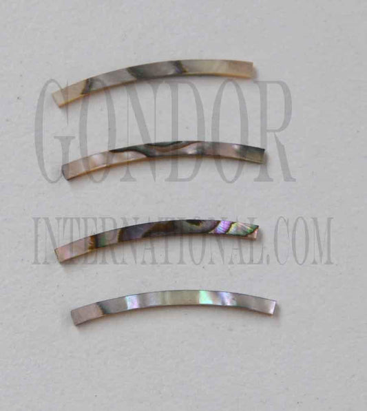 <p>Green abalone solid shell curved strips 1.5mm (0.06") width x 25mm (1") length x 1.3mm (0.05") thickness x 300mm (11.81") inside diameter. A grade quality good on both sides, flat and uniform in thickness and width. Ideal for use in purfling and rosettes on musical instruments - Ukuleles, guitars, mandolins etc. as well as in furniture, jewellery ans other decorative applications.</p>