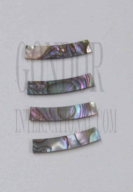 Green abalone solid shell curved strips 4.76mm (0.187") width x 25mm (1") length x 1.3mm (0.05") thickness x 120mm (4.72") inside diameter. A grade quality good on both sides, flat and uniform in thickness and width. Ideal for use in purfling and rosettes on musical instruments - Ukuleles, guitars, mandolins etc. as well as in furniture, jewellery ans other decorative applications.