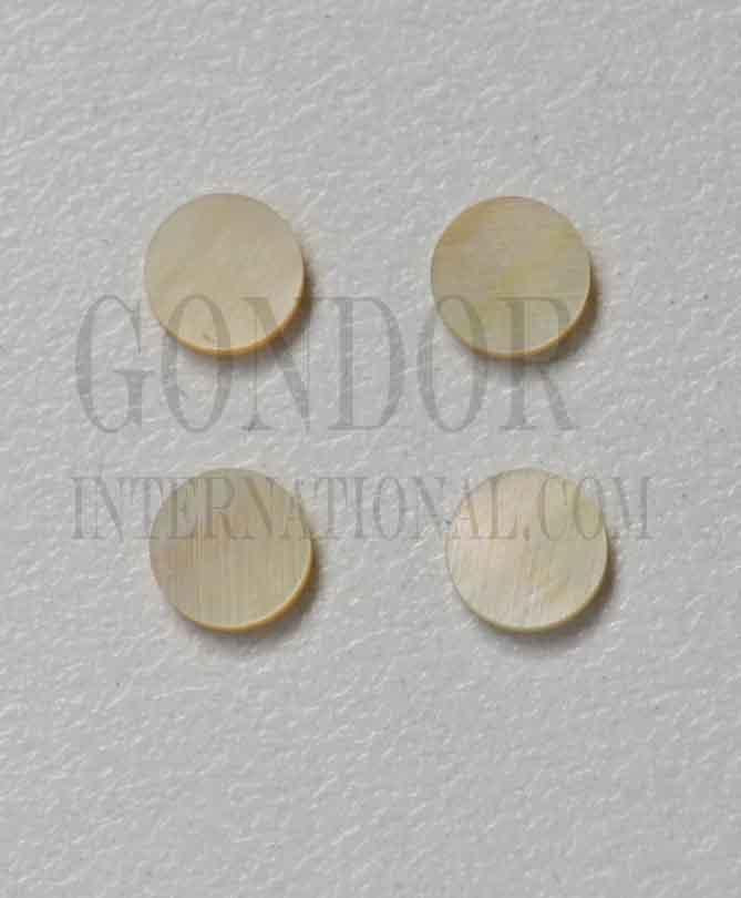 Gold MOP dots 10mm diameter 1.3mm thickness are round flat shell pcs cut to precise diameter and thickness. Ideal for use in inlay applications - for fretboard markers and general inlay or jewellery decorations. All pcs are A grade.