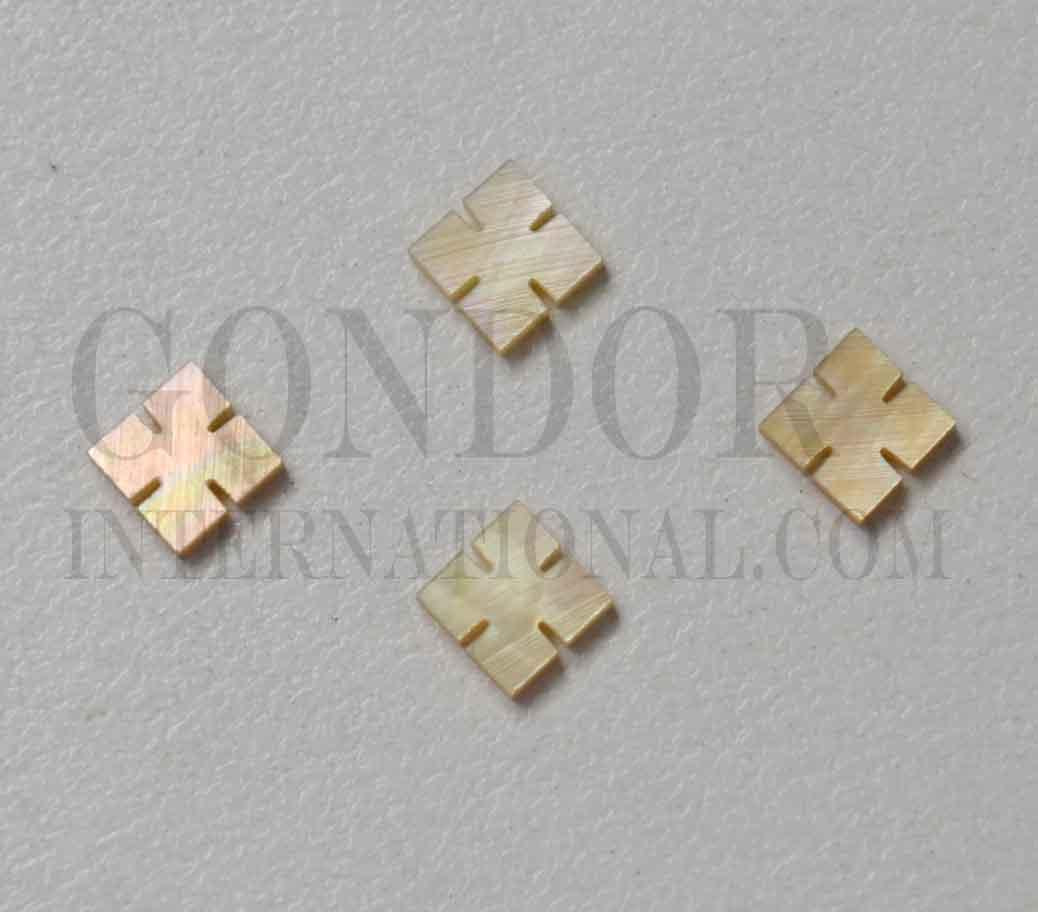 Gold Mother of Pearl notched squares (slotted squares) size 4mm length x 4mm width x 1.5mm thickness. Some uses include fretboard markers, musical instrument inlay, furniture inlay, pool cue inlay and other general decorative inlay and jewellery applications. All pcs are A grade.