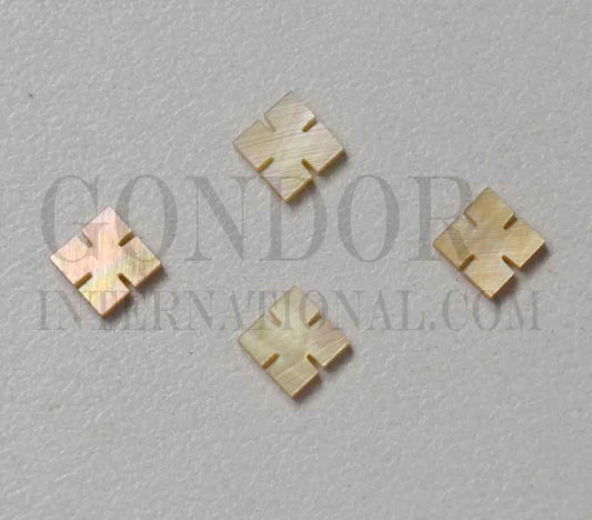 Gold Mother of Pearl notched squares (slotted squares) size 6mm length x 6mm width x 1.5mm thickness. Some uses include fretboard markers, musical instrument inlay, furniture inlay, pool cue inlay and other general decorative inlay and jewellery applications. All pcs are A grade.