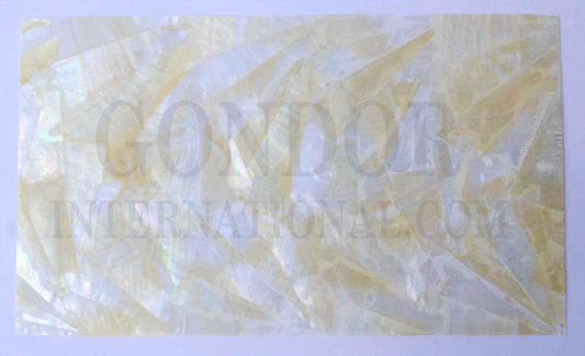 Mixed Gold MOP and white veneer also called Gold/white MOP sheet or Gold/white MOP shell paper.  Made from thin slices of genuine shell. Standard sheet size 140mm (5.51") width x 240mm (9.45") length x 0.15mm (0.006") thickness  Suitable for signwriting, fishing lures, jewellery, architectural application, furniture and many other applications.