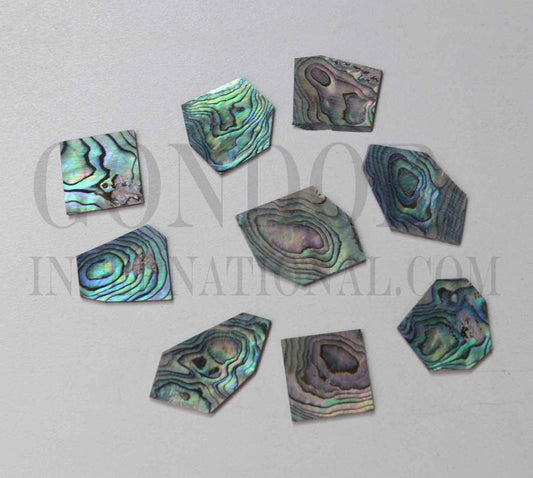 Paua New Zealand abalone flat inlay blanks mix size approx. 15-30mm (0.6 - 1.18") width x 15 - 30mm (0.6 - 1.18") length x 1.3mm (0.05) thickness approx. 10 - 16pcs per oz. A grade material - good quality on at least 1 side reverse side may have some worm damage or shell skin on edges.