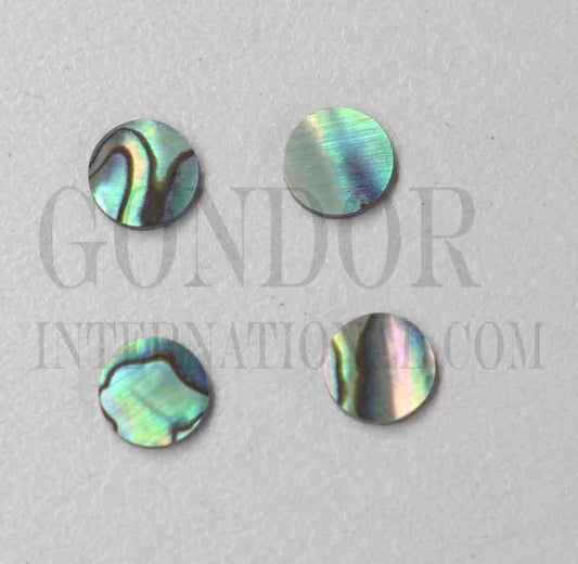 <p>Paua shell dots 10.5mm diameter x 1.3mm thickness are round flat shell pcs cut to precise diameter and thickness. Ideal for use in inlay applications - for fretboard markers and general inlay or jewellery decorations. All dots are A grade.&nbsp;</p>