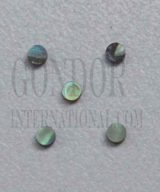 Paua shell dots 2.5mm diameter x 1.5mm thickness are round flat shell pcs cut to precise diameter and thickness. Ideal for use in inlay applications - for fretboard markers and general inlay or jewellery decorations. All dots are A grade. 