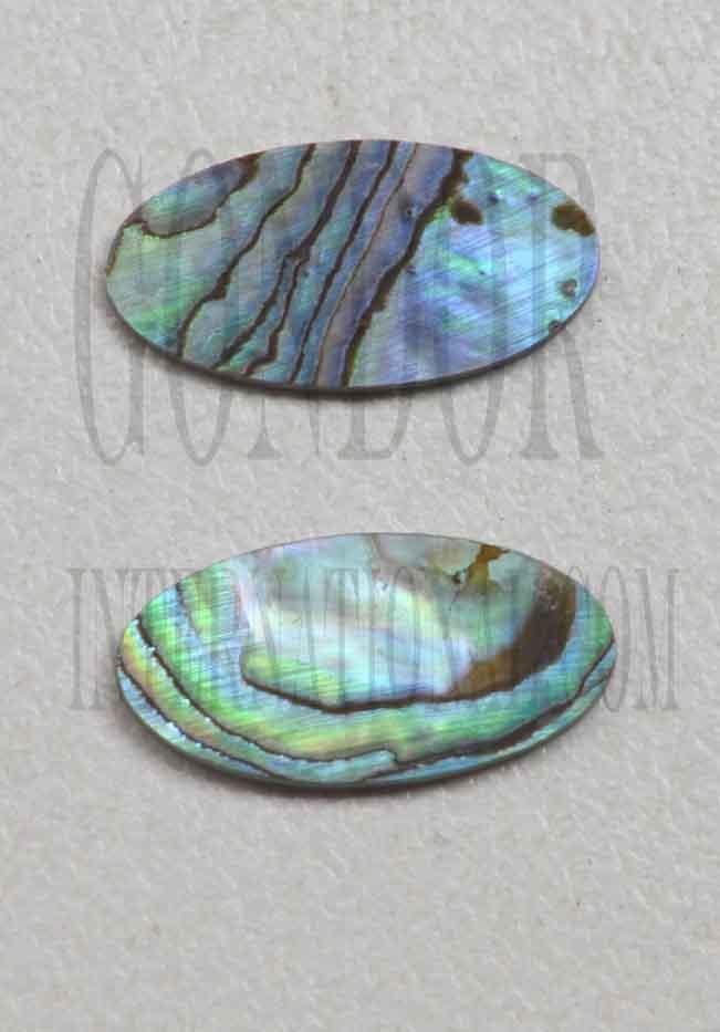 Paua abalone (New Zealand Paua abalone) polished ovals size 7.3mm (0.29") width x 9.2mm (0.36") length x 1.5mm (0.06") thickness. Some uses include fretboard markers, musical instrument inlay, furniture inlay, marquetry, pool cue inlay and other general decorative inlay and jewellery applications. All pcs are A grade.