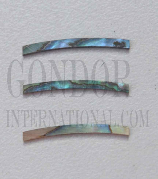 <p>Paua abalone solid shell curved strips 1.1mm (0.043") width x 24mm (0.945") length x 1.3mm (0.05") thickness x 120mm (4.72") inside diameter. A grade quality good on both sides, flat and uniform in thickness and width. Ideal for use in purfling and rosettes on musical instruments - Ukuleles, guitars, mandolins etc. as well as in furniture, jewellery and other decorative applications.</p>