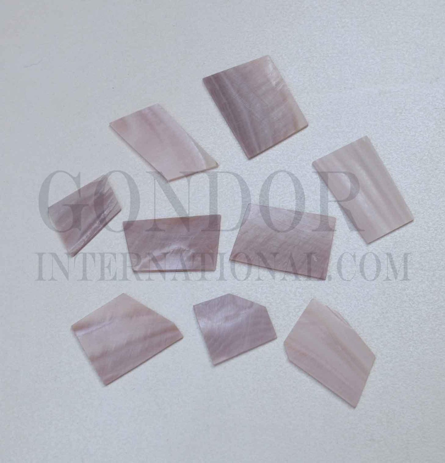 <p>Pink mussel flat inlay blanks mixed size random shape 15-25mm (0.59-1") width x 15-50mm (0.59-2") length 1.5mm (0.06") thickness A grade. Approx. 8 - 13pcs</p>