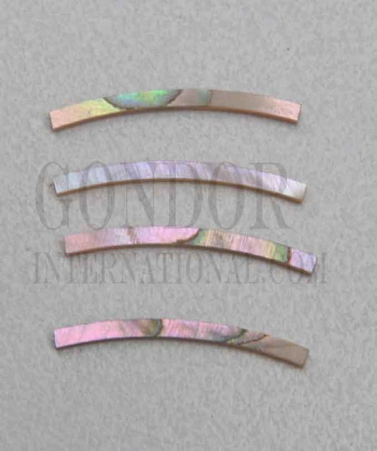 Red abalone solid shell curved strips 1.6mm (0.063") width x 24mm (0.945") length x 1.5mm (0.06") thickness x 76.2mm (3") inside diameter. A grade quality good on both sides, flat and uniform in thickness and width. Ideal for use in purfling and rosettes on musical instruments - Ukuleles, guitars, mandolins etc. as well as in furniture, jewellery and other decorative applications.