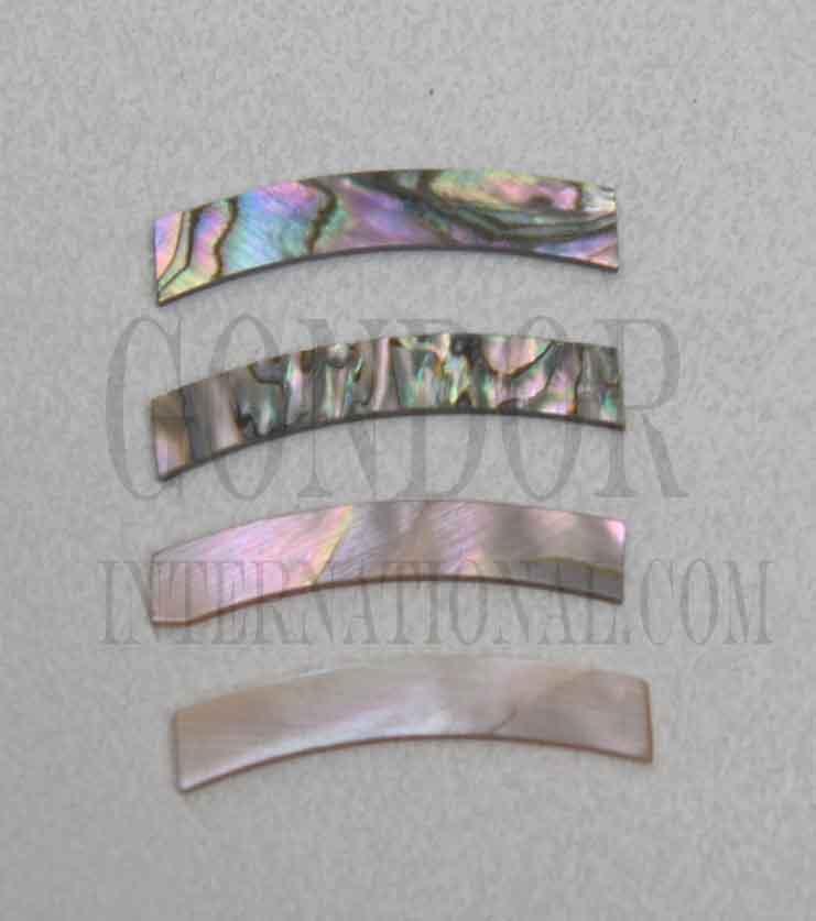 Red abalone solid shell curved strips 4.32mm (0.17") width x 25mm (1") length x 1.3mm (0.05") thickness x 75mm (2.95") inside diameter. A grade quality good on both sides, flat and uniform in thickness and width. Ideal for use in purfling and rosettes on musical instruments - Ukuleles, guitars, mandolins etc. as well as in furniture, jewellery and other decorative applications.