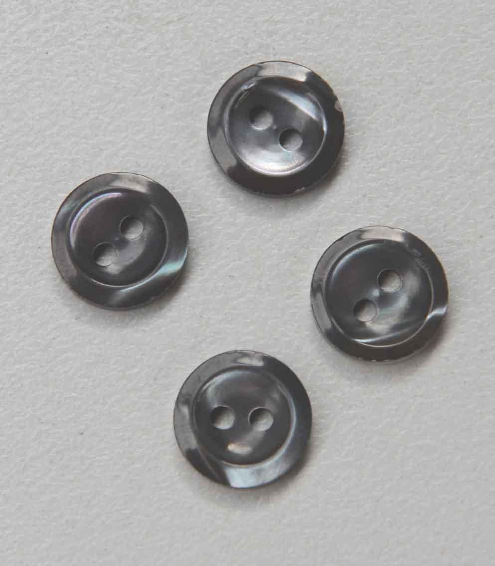 Trochus shell buttons black/grey colour 2 hole 18L x 2.5mm thickness finished buttons.