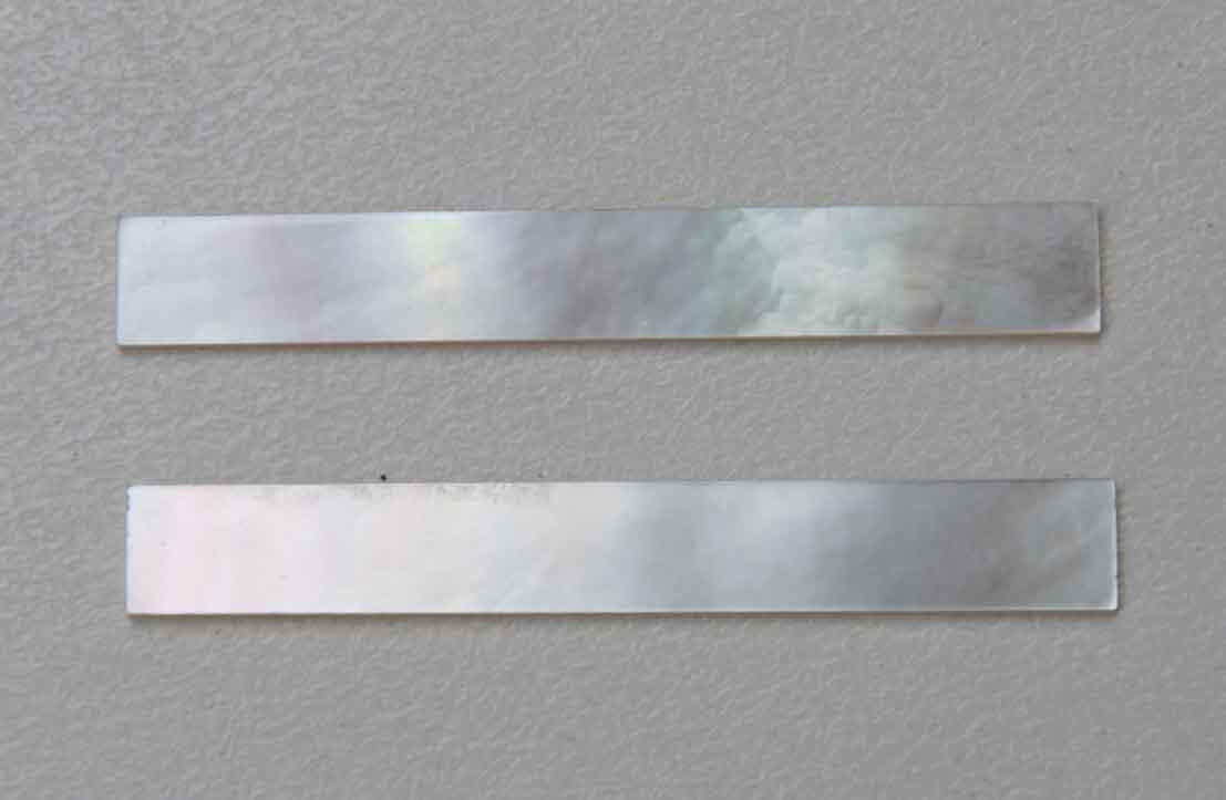 White Mother of Pearl flat saddle blanks size 10mm (0.394") width x 85mm (3.35") length x 3mm (0.118") thickness A grade good on both sides.