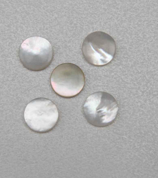 <p>White Mother of Pearl dots 11.5mm diameter x 1.5mm thickness - round flat shell pcs cut to precise diameter and thickness. Ideal for use in inlay applications - for fretboard markers, bow frog eyes, watch dials and general inlay or jewellery decorations. All dots are A grade good on both sides.&nbsp;</p>