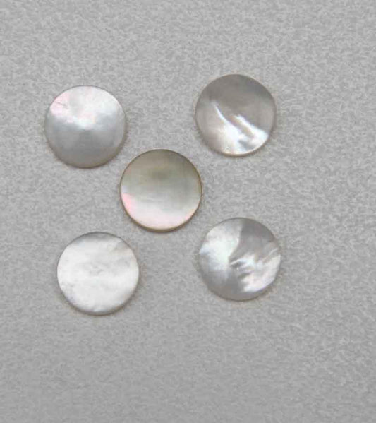 White Mother of Pearl dots 7.5mm diameter x 1.3mm thickness - round flat shell pcs cut to precise diameter and thickness. Ideal for use in inlay applications - for fretboard markers, bow frog eyes and general inlay or jewellery decorations. All dots are A grade good on both sides. 