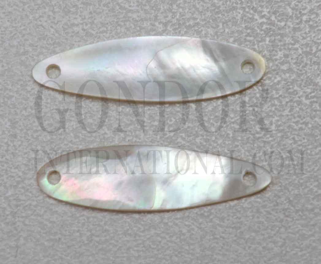 White Mother of Pearl fishing lures (fishing spoons) size 10mm (0.39") wide x 40mm (1.57") long specially cut and polished solid shell pcs. Made to specific bent shape with holes to fit swivels.