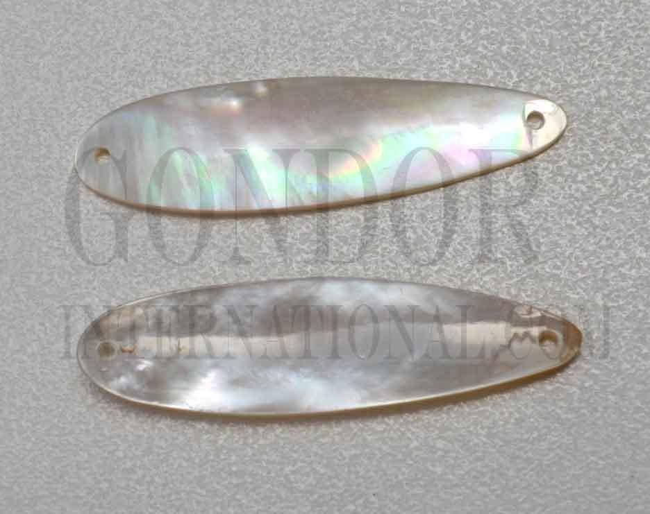 White Mother of Pearl fishing lures (fishing spoons) size 16mm (0.63") wide x 60mm (2.36") long specially cut and polished solid shell pcs. Made to specific bent shape with holes to fit swivels.