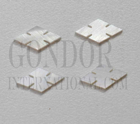 White Mother of Pearl notched (slotted) diamonds size 6mm (0.236") wide x 11.5mm (0.453") length x 1.5mm (0.06") thickness. Some uses include fretboard markers, musical instrument inlay, furniture inlay and other general decorative inlay and jewellery applications. All pcs are A grade.